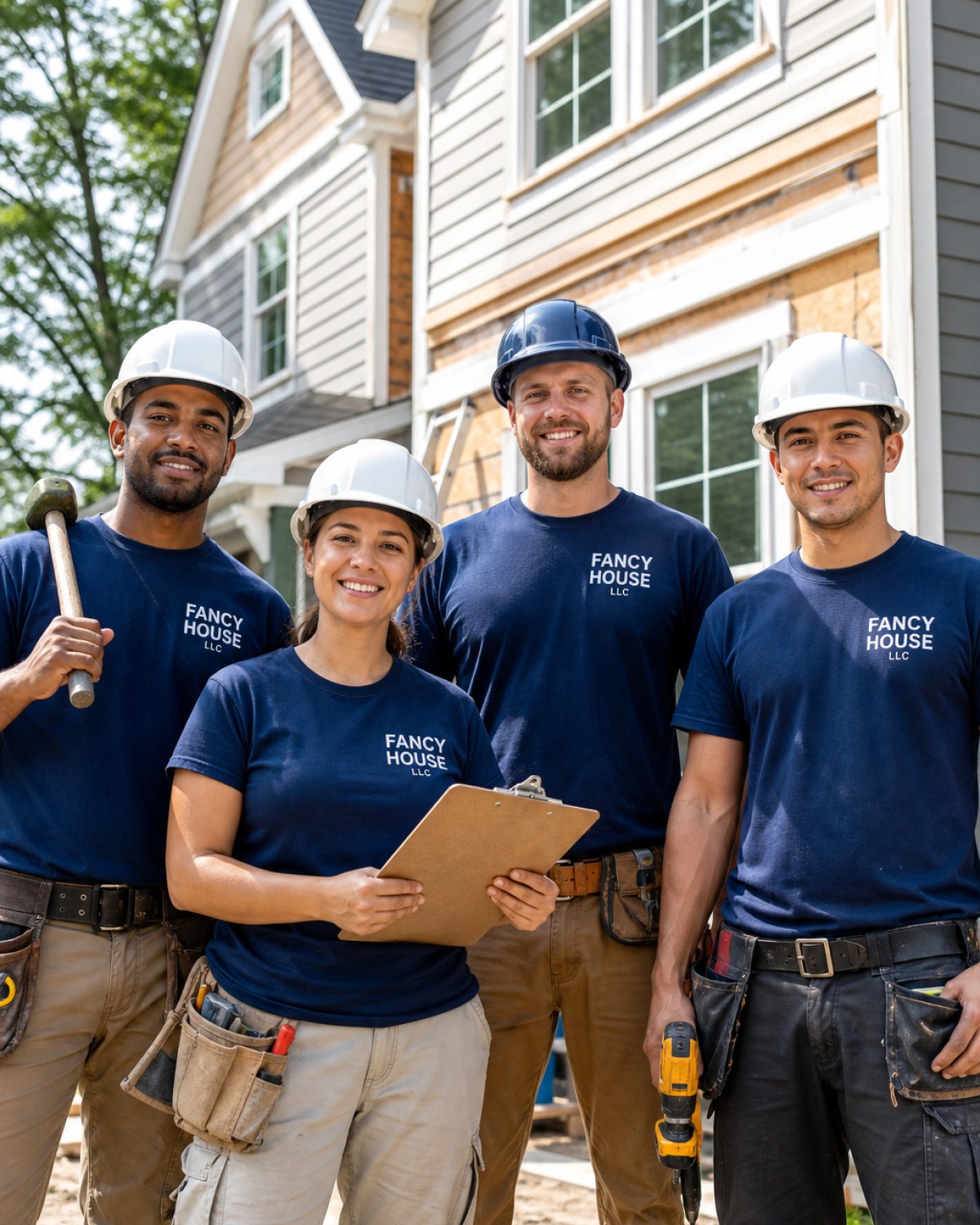 Fancy House LLC construction crew in branded uniforms on a Connecticut exterior job site