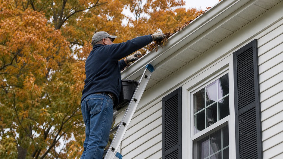 Connecticut homeowner cleaning gutters before winter