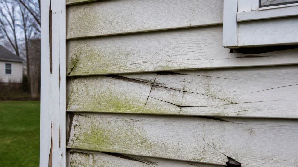 Cracked and faded vinyl siding on a Connecticut home needing replacement