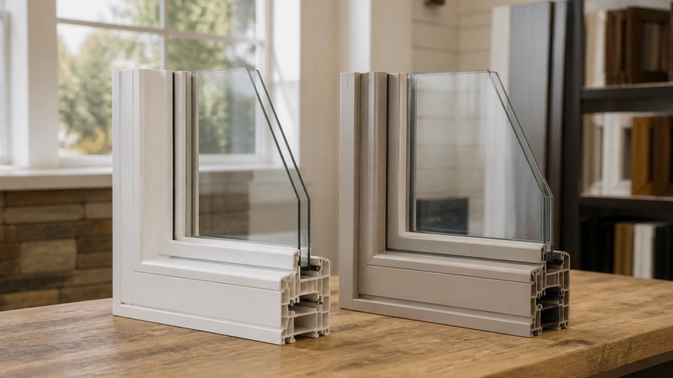 Vinyl and fiberglass replacement window comparison on a Connecticut colonial