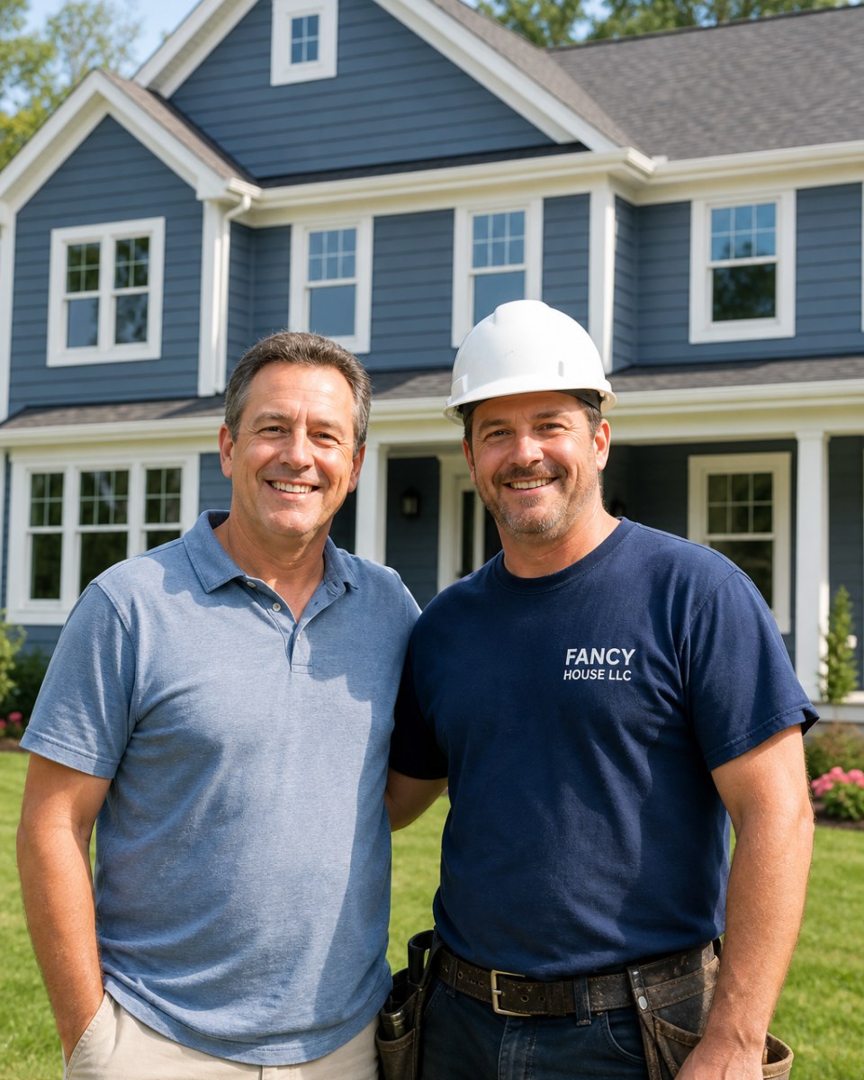 Happy Connecticut homeowner standing with a Fancy House contractor in front of a completed exterior project