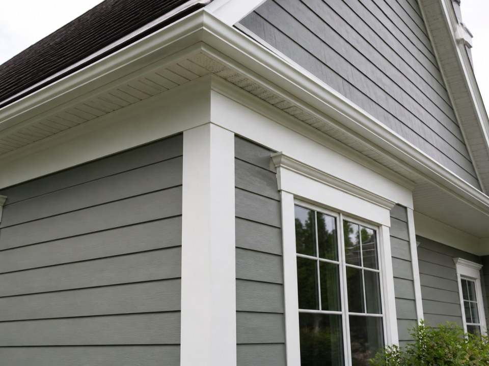 Trim and corner board details on a completed siding project