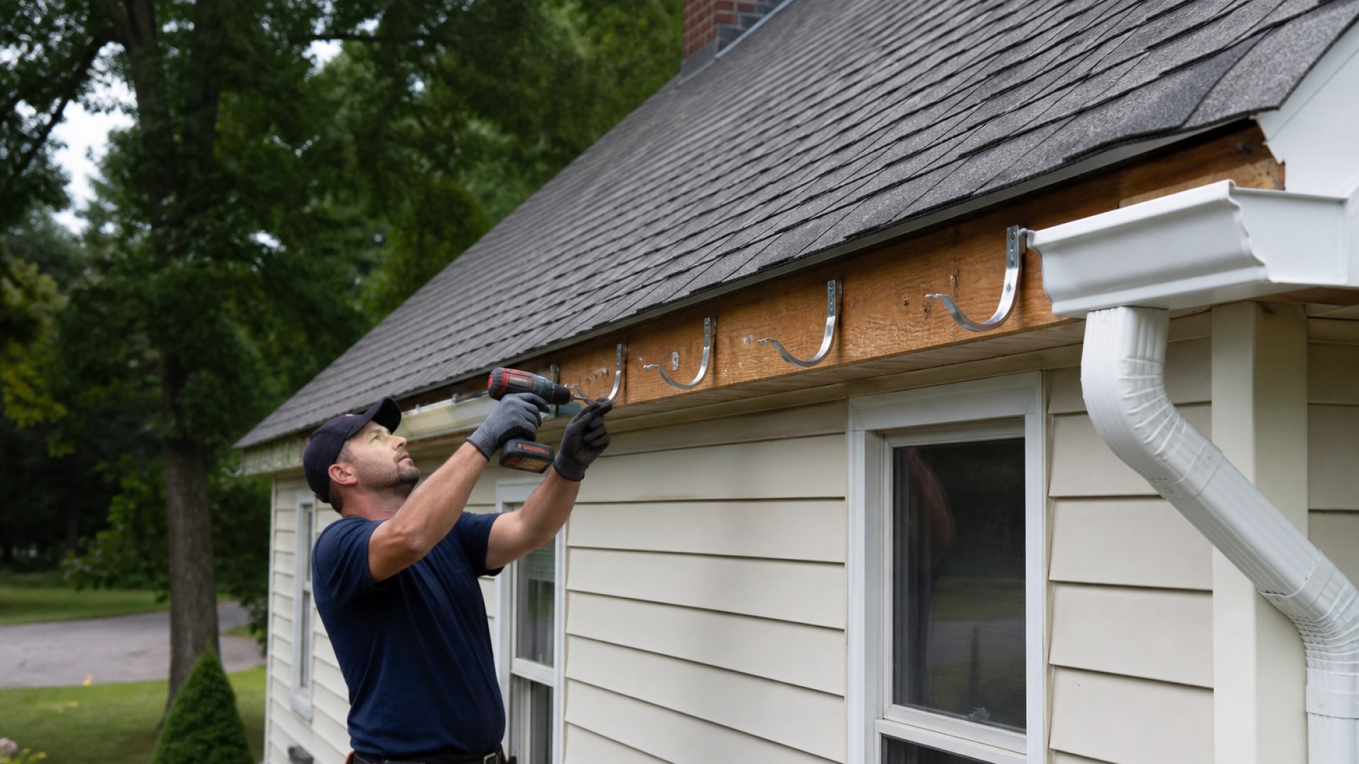 Gutter hanger and replacement detail along roofline