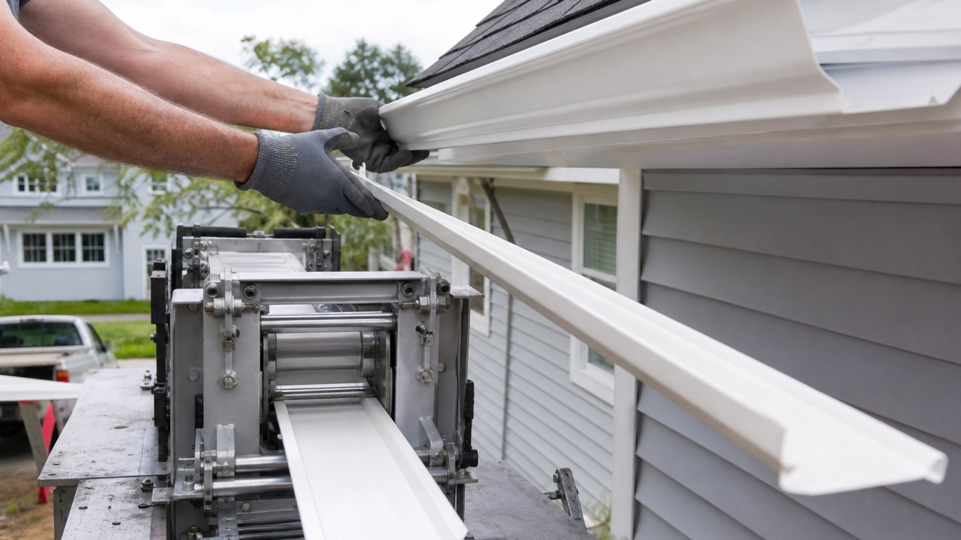 Seamless aluminum gutter installation